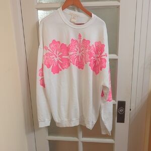 Free People White and Pink Floral Crew Neck Sweater